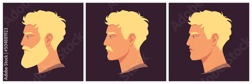 Head of bearded, moustached and shaved man in profile. Portrait of bearded blond man. Abstract male portrait, face side view. Stock vector illustration in flat style.