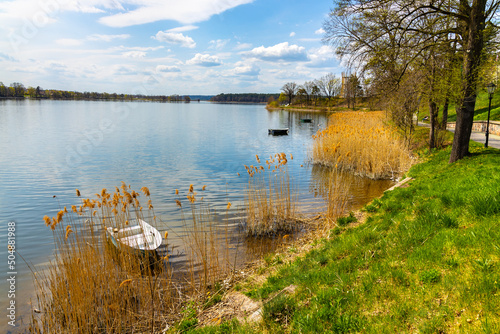 Fototapeta Naklejka Na Ścianę i Meble -  Panoramic spring view of Jezioro Elckie lake with reed and wooded shoreline along touristic promenade in Elk town of Masuria region of Poland
