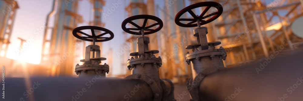 Large industrial gas pipelines in a modern refinery at sunrise 3d render - obrazy, fototapety, plakaty 