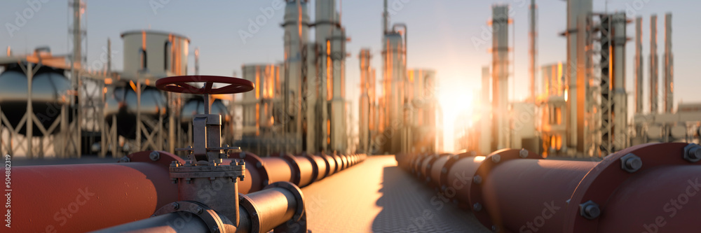 Large industrial gas pipelines in a modern refinery at sunrise 3d render - obrazy, fototapety, plakaty 