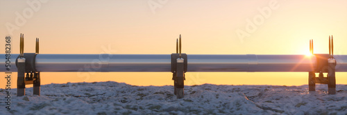 Large long distance gas and oil pipeline crossing through snow covered fields at sunrise 3d render