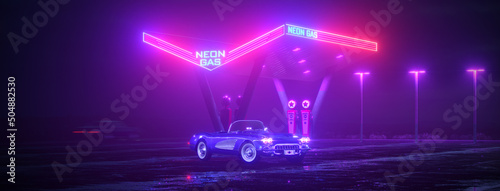 Neon gas station and retro car. Vintage cyberpunk auto. Fog rain and night. Color vibrant reflections on asphalt. Chevrolet Corvette. 3D illustration.