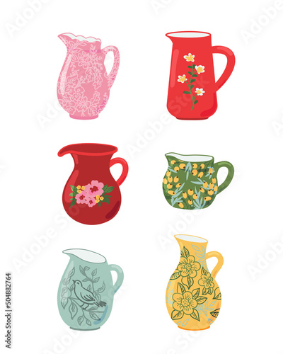 Milk jugs сollection. Decorative kitchen tools, colored tableware, ceramic drinkware or glassware. Household utensils, crockery isolated on white background. Flat cartoon vector illustration