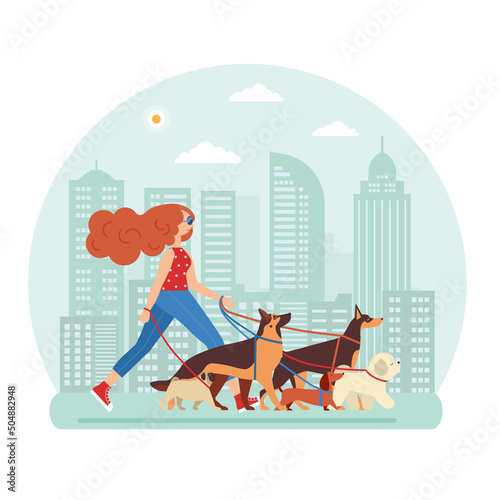 Pet Service Concept with Dog Walker Woman