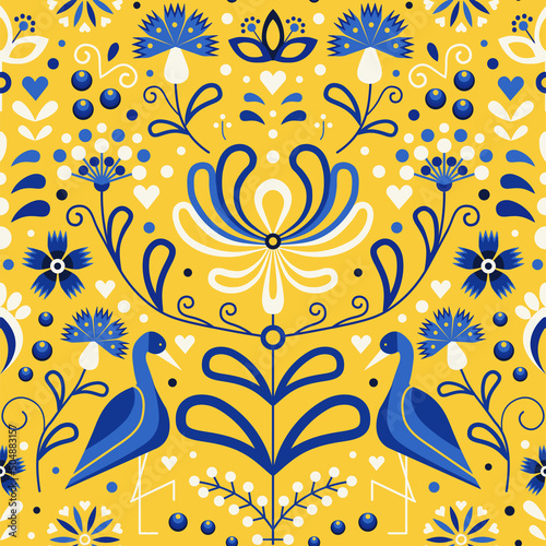 Slavic Floral Folk Ukraine Pattern with Cranes