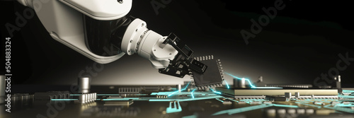 Photography Futuristic robot arm working with electronic circuit boards and processors conce