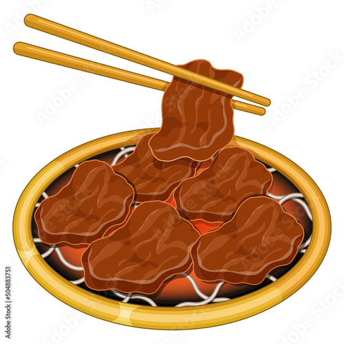 Korean barbecue (BBQ) beef slice grilled over charcoal stove illustration vector.