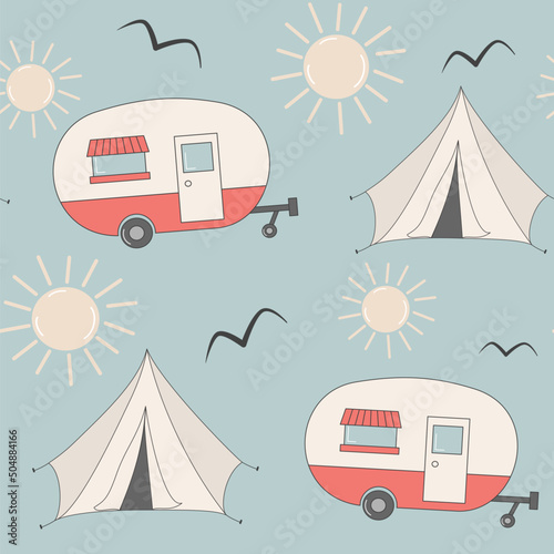cute cartoon abstract red and white seamless vector pattern background illustration with camping elements, sun and bird silhouettes