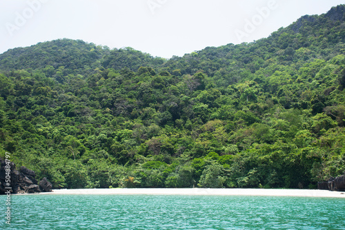 View landscape of Ao Talo Bean Tae and Gray sand beach on Ko Khao Yai island in sea or ocean in Mu Ko Petra National Park for thai people traveler travel visit in Pak Bara at La ngu of Satun, Thailand photo