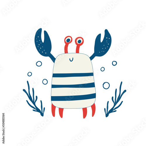 Cute red crab with funny eyes and claws. Childish colored vector illustration of funny smiling lobster. Design for greeting card and invitation, flyers, posters, banner.