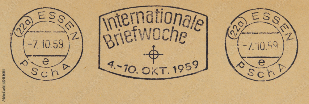 post letter mail brief slogan werbung frankierung stempel internationale briefwoche 1959 essen papier paper braun brown