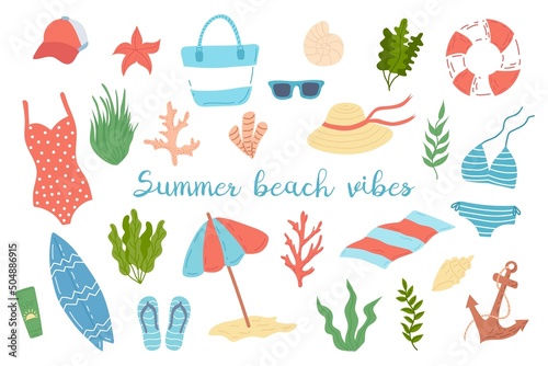 Summer beach vibes. Set with summer things and objects, summer holidays and tourism. Beach accessories and marine flora. Flat vector illustration