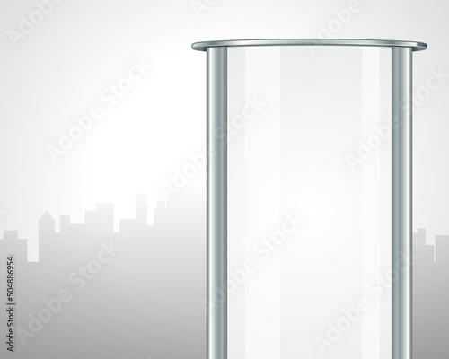 Abstract metallic street board banner frame clean blank at megapolis silhouette background template vector illustration. Urban commercial sidewalk signboard information display downtown billboard