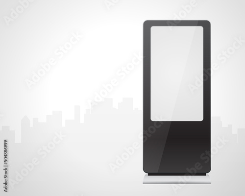 Realistic empty black metallic billboard frame street advertising at urban silhouette background template vector illustration. Commercial information display outside poster at cityscape building