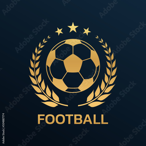 Football logo. Soccer club or team emblem, badge, icon design with a ball and laurel wreath. Sport tournament, league, championship label. Vector illustration.