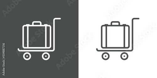 Logo luggage cart. Icono con silueta de maleta en carrito para equipaje en aeródromo con líneas en fondo gris y fondo blanco photo