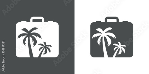 Beach holidays. Logo destino de vacaciones. Icono plano silueta de la palma en maleta en fondo gris y fondo blanco