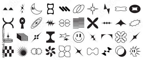 Collection of geometric shapes on white background. Abstract black color icon element of star, sparkling, different shapes, dot pattern, sun. Icon graphic design for decoration, logo, business, ads.
