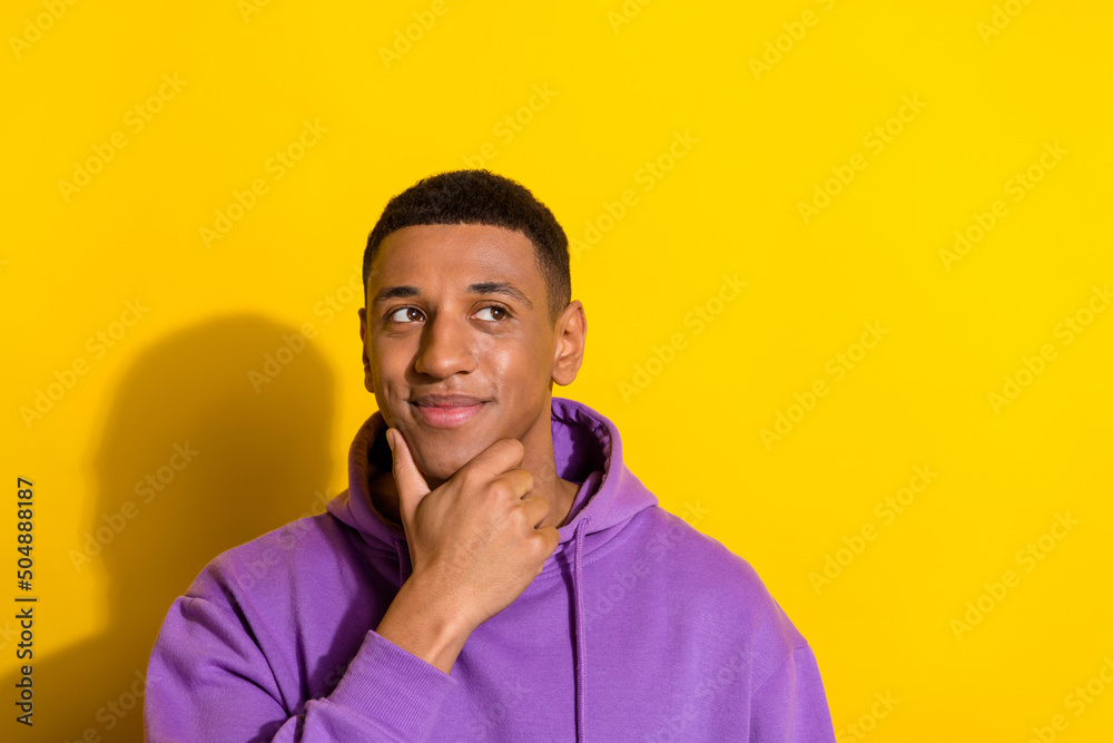 Portrait of attractive minded smart clever brunet guy creating solution copy space isolated over vibrant yellow color background Portrait of attractive minded smart clever brunet guy creating solution copy space isolated over vibrant yellow color background