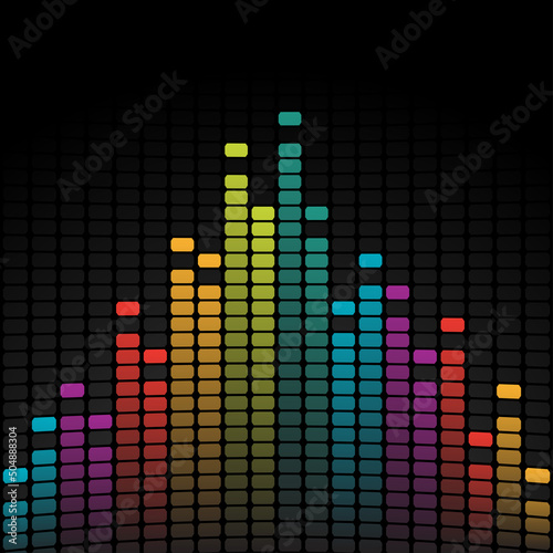 Vivid multicolored sound wave geometric brick stereo diagram music equalizer amplifier spectrum black background template vector illustration. Bright party volume audio level soundtrack broadcast