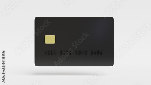 Black credit card with chip and user number on a white background. 3D render illustration.