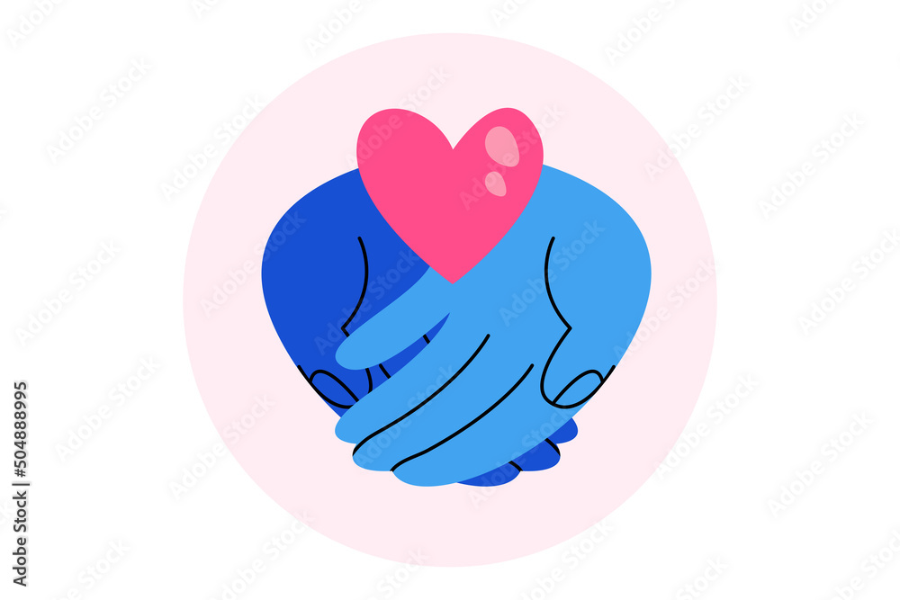 Giving symbol. Illustration of two cartoon hands holding a heart. Hope - concept. Abstract symbol. 