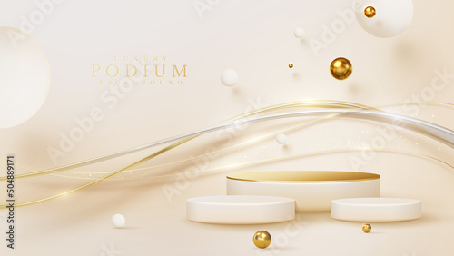 Product display podium with golden curve line element and ball decoration and glitter light effect.