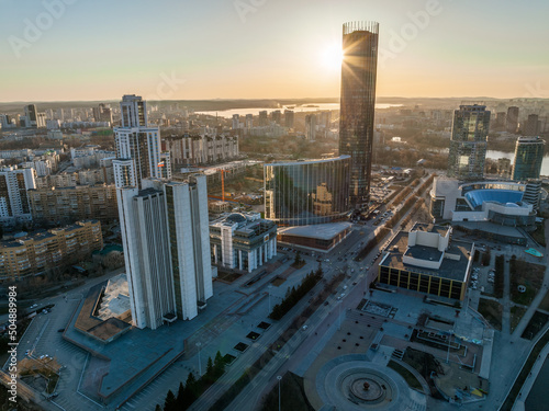 Yekaterinburg aerial panoramic view in spring at sunset. Yekaterinburg city and pond in spring or autumn.