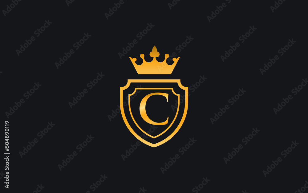 Golden Crown and shield logo and symbol design vector with the letter C
