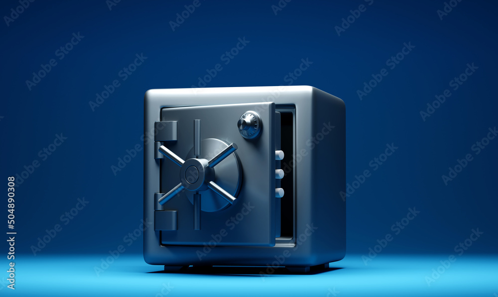 Open metallic, iron, steel safe with padlock on navy blue background - obrazy, fototapety, plakaty 