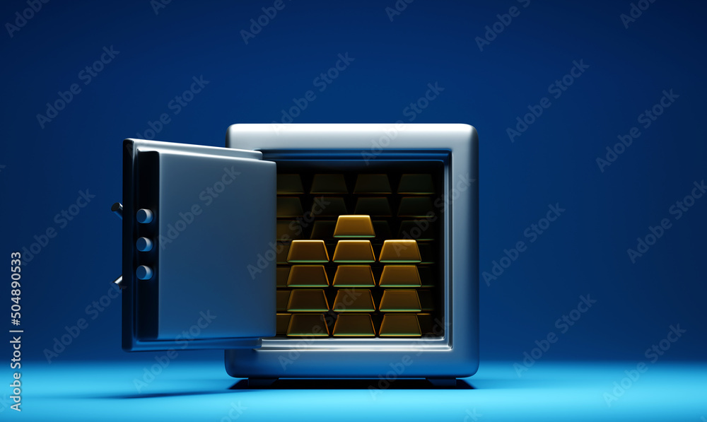 Open metallic, iron, steel safe with stacks of golden bars, money or deposit - obrazy, fototapety, plakaty 