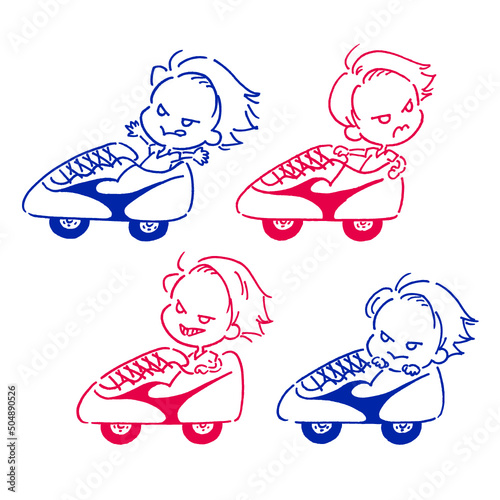Boy riding  sneaker shaped car illustration set - vector
