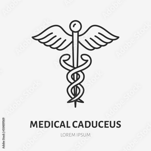 Medical caduceus doodle line icon. Vector thin outline illustration of snake, wings and scepter. Black color linear sign for hospital emblem
