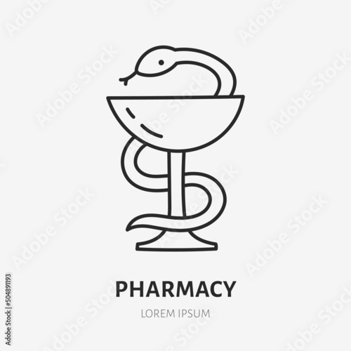 Pharmacy doodle line icon. Vector thin outline illustration of snake and cup. Black color linear sign for hygeia emblem photo