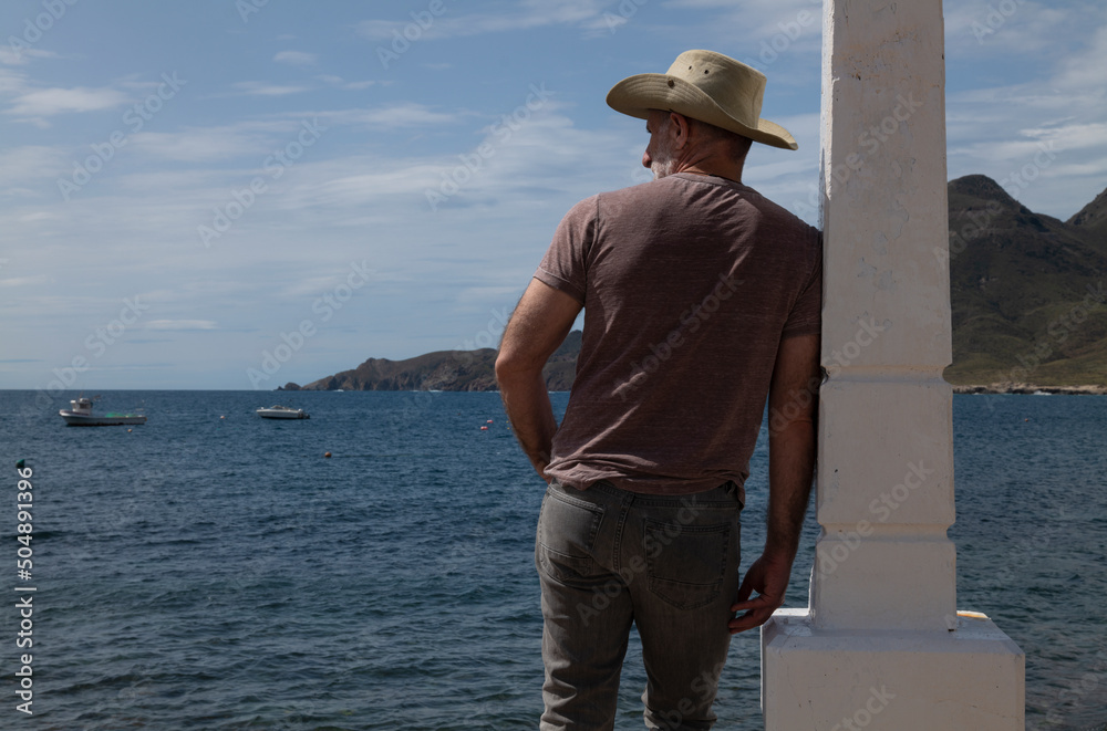Rear view of adult man looking at view of sea