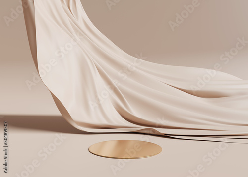 3D display podium beige background. Luxury flying cloth in motion. Glamour minimal gold pedestal for beauty, cosmetic product presentation. Feminine copy space, nude, brown template, studio 3d render photo