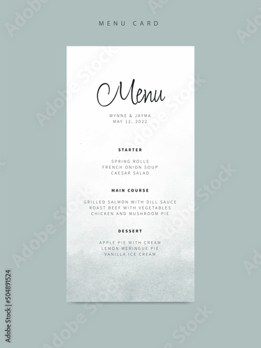 Minimalist wedding menu template with green watercolor