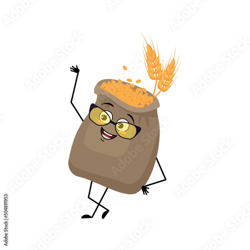 Cute sack of wheat and ear character with glasses and happy emotion, face, smile eyes, arms and legs. Cereal crop with funny facial expression and pose. Vector flat illustration