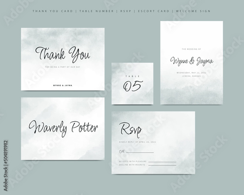 Minimalist wedding stationery template with green watercolor