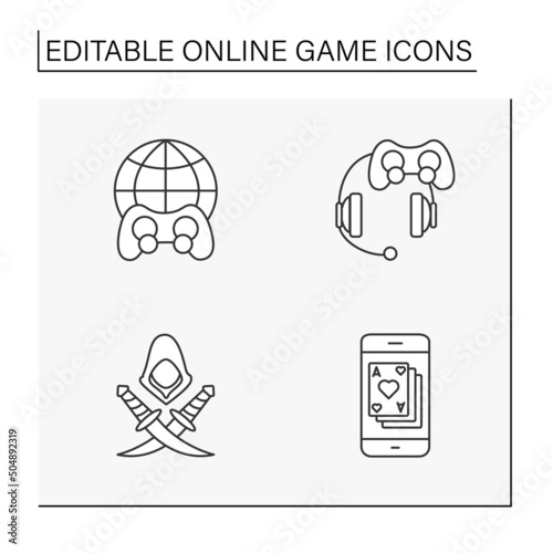 Online game line icons set. Different game types. Modern technology concepts. Isolated vector illustrations.Editable stroke