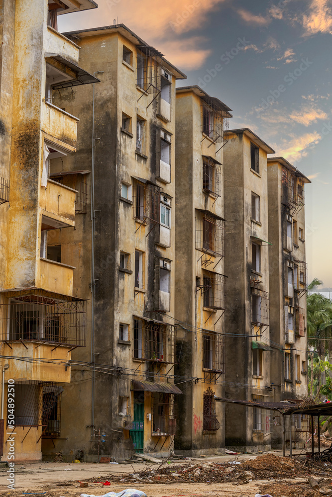 Close-up of residential buildings in an abandoned old residential area