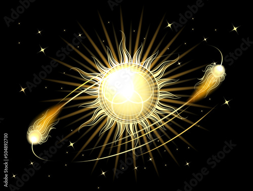 Sun and Comets Esoteric Symbols Vintage Illustration in Engraving Style
