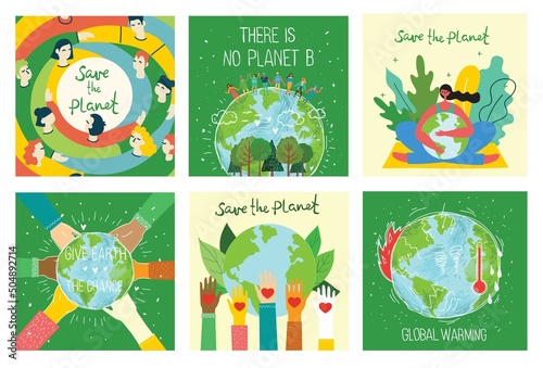 Vector eco illustration cards for social poster, banner or card of saving the planet, human hands protect our earth.