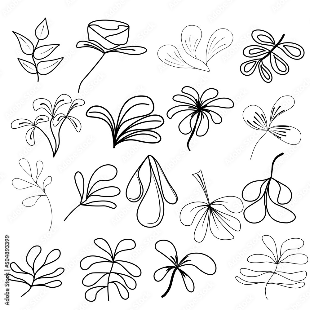 Line Drawing Set Of. Sketch of Flowers Isolated on White Background. Object foe dicut.