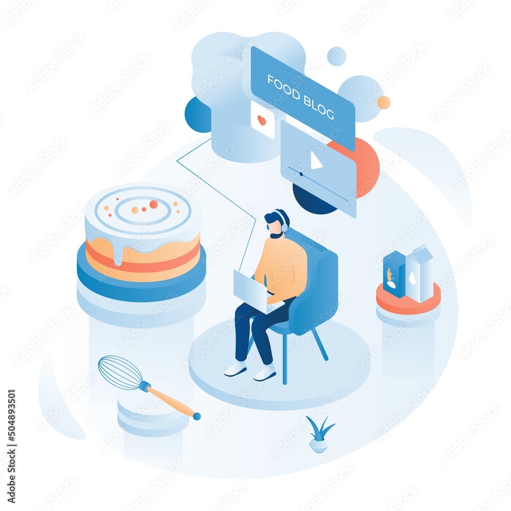 Man watching food blog for cake making vector Man watching food blog for cake making vector