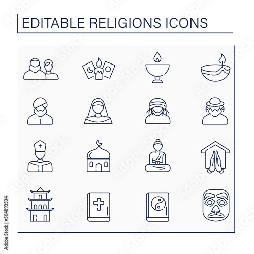 Religious line icons set.Main religious symbols. Leader of catholic church, Christianity, Jainism, Rastafari, atheism. Philosophical concept. Isolated vector illustrations. Editable stroke