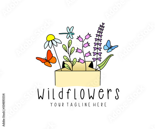 Package with flowers and herbs, butterflies and dragonflies, logo design. Wildflowers, meadows, nature and insects, vector design and illustration