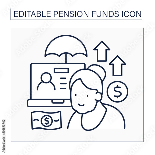 Account line icon. Individual retirement account. Old woman counting saving money before retirement. Life insurance. Pension fund concept. Isolated vector illustration. Editable stroke