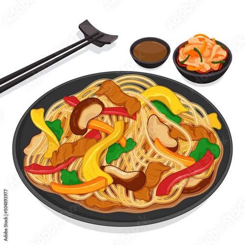 Korean japchae or chapchae (Stir-fried glass noodles and vegetables) with kimchi and sauce illustration vector.