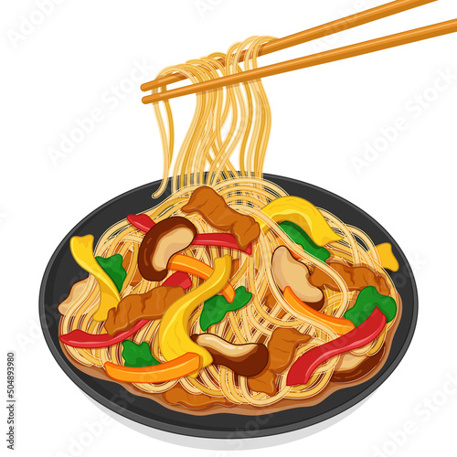 Korean japchae or chapchae (Stir-fried glass noodles and vegetables) illustration vector.